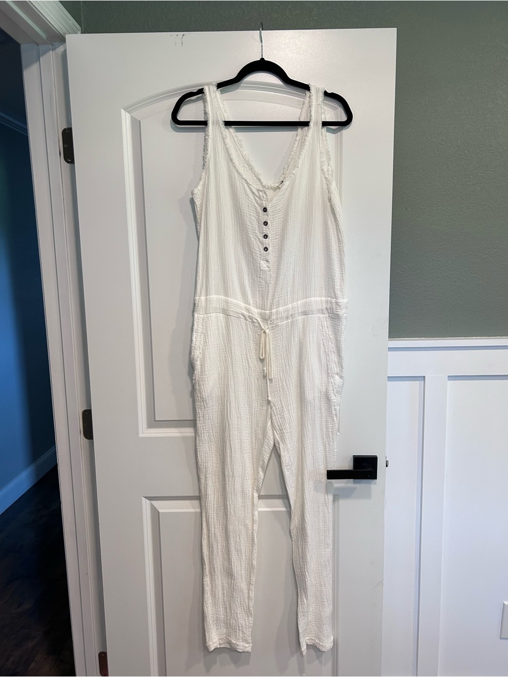 Sleeveless Cream Button-Front Textured Jumpsuit